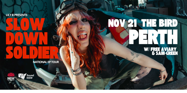 LILY B Slow Down Soldier Tour w/ Free Aviary + Sam Green live at The Bird - Concert poster