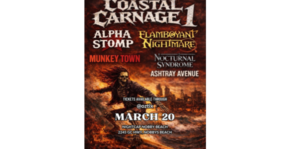 Coastal Carnage 1 live at Nightcap Nobbys in Mermaid Beach on March 20, 2026 - Concert poster