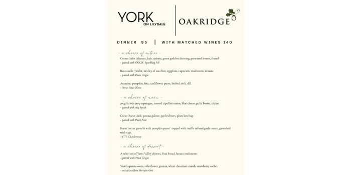 Oakridge Winter Food & Wine Pairing Set Menu