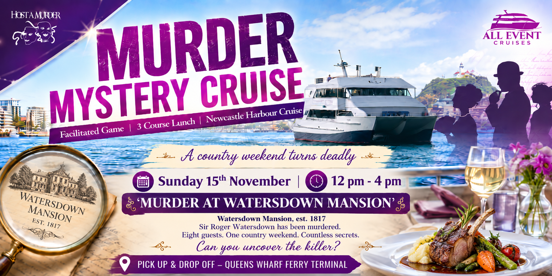 Murder Mystery Cruise | 3 Course Lunch | Newcastle Harbour