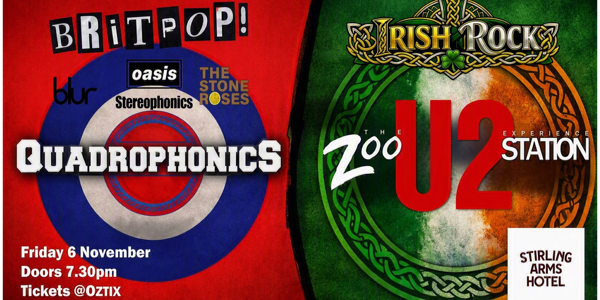 The Zoo Station U2 and QuadrophonicS Britpop Tribute Bands live at The Stirling Arms Hotel - Band Room - Concert poster
