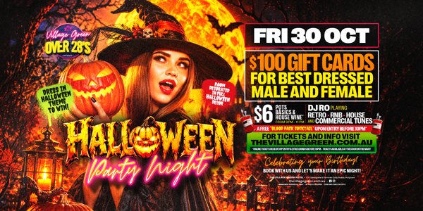 VILLAGE GREEN - Over 28 HALLOWEEN PARTY live at Village Green Hotel - Concert poster