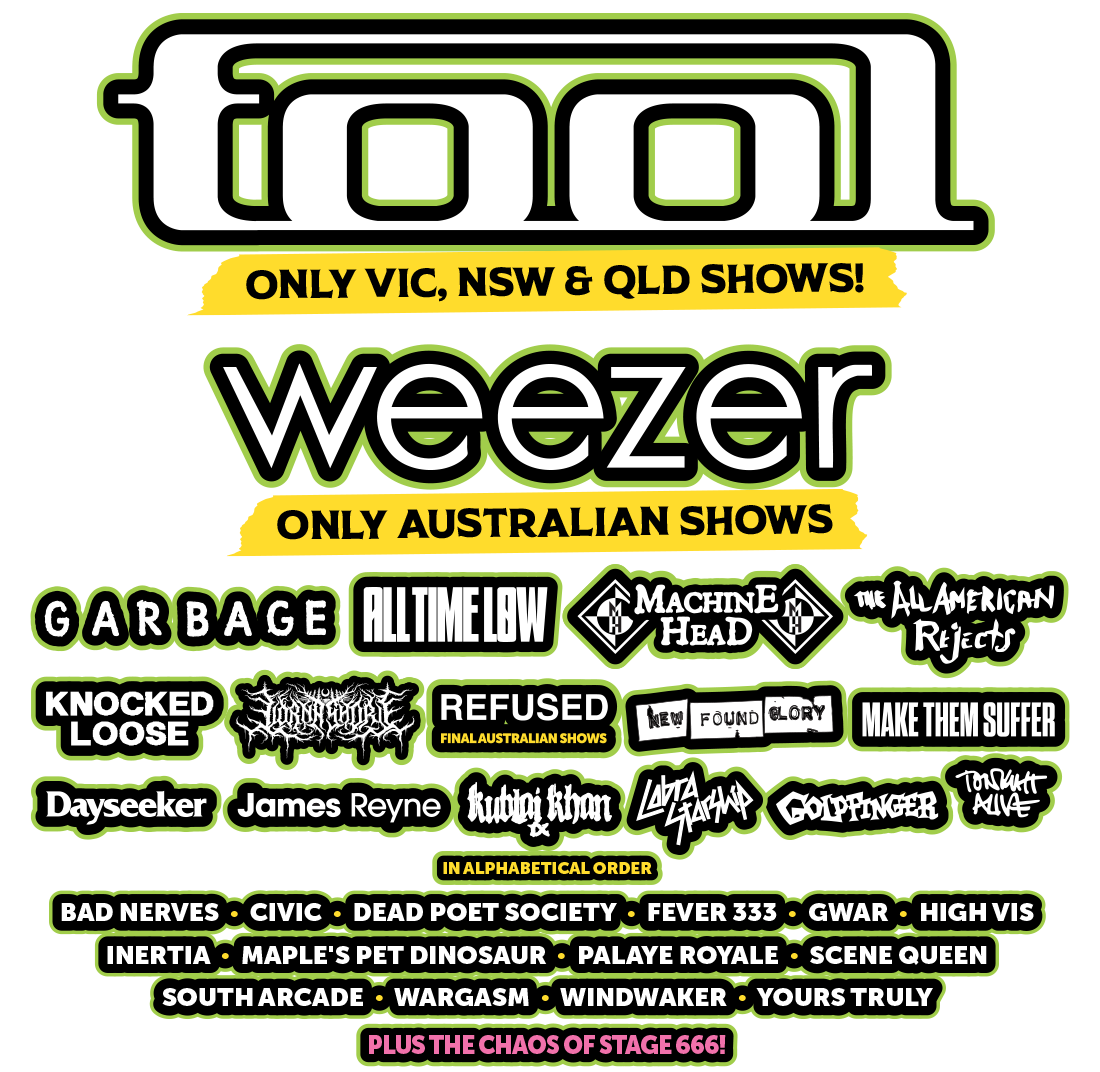 Full Good Things Festival 2025 lineup poster featuring TOOL, Weezer, Garbage, All Time Low, Machine Head, The All-American Rejects, Knocked Loose, Lorna Shore, Refused, New Found Glory, Make Them Suffer, Dayseeker, James Reyne, Kublai Khan TX, Cobra Starship, Goldfinger, Tonight Alive, Bad Nerves, Civic, Dead Poet Society, Fever 333, Gwar, High Vis, Inertia, Palaye Royale, Scene Queen, South Arcade, Wargasm, Windwaker, Yours Truly, plus Stage 666 performances and more.
